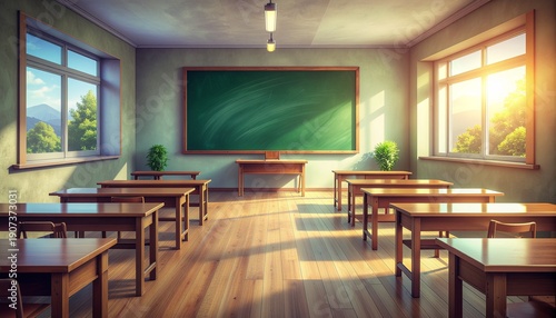 Wallpaper Mural Modern classroom with wooden desks and green chalkboard by sunny windows Torontodigital.ca