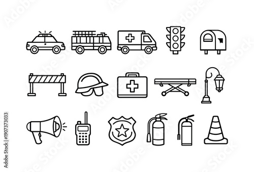 Public Service Operations in linear vector style: police car, fire truck, ambulance, traffic light, mailbox, barrier, helmet, first aid kit, stretcher, street