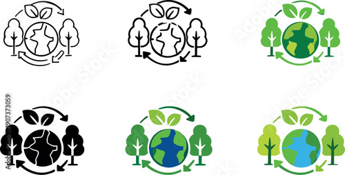 Environmental sustainability icon depicting stylized trees, leaves, recycling symbols, and Earth elements representing ecology,