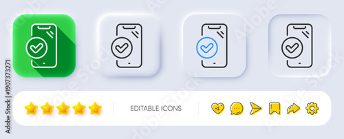 Approved phone line icon. Neumorphic, Flat shadow, 3d buttons. Accepted smartphone sign. Verified device symbol. Line approved phone icon. Social media icons. Vector