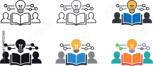Knowledge Exchange Icons. Knowledge sharing process icon showing stylized open books, light bulbs, people silhouettes, and