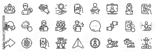 Download app, Fingerprint and Employee hand line icons pack. Share, Message, Paper plane icons. Search people, Bitcoin pay, Smile web icon. Vector