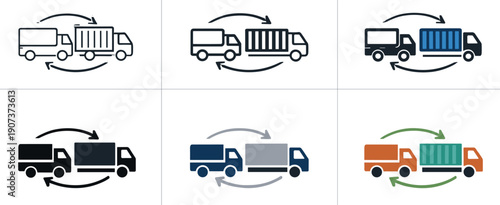 Cargo delivery transport icon showing stylized trucks, shipping containers, and route arrows representing logistics, freight