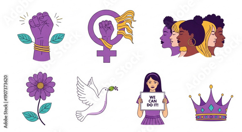 Empowerment symbols for women equality and feminism in purple hues