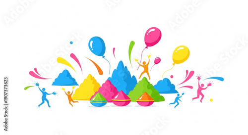 Colorful pyramid celebration with balloons and dancing people