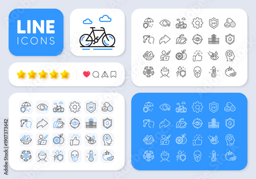 Mint tea, Bike and Electronic thermometer line icons for web app. Message, Share, Like social media icons. Pack of Improving safety, Salad, Hospital building pictogram icons. Vector