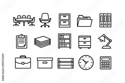 Economic planning equipment in linear vector style: conference table, office chair, filing cabinet, document folder, binder, clipboard, paper stack, shelf unit