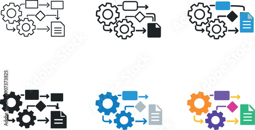 Workflow optimization icon showing stylized gears, flowcharts, documents, and arrows representing process efficiency, task