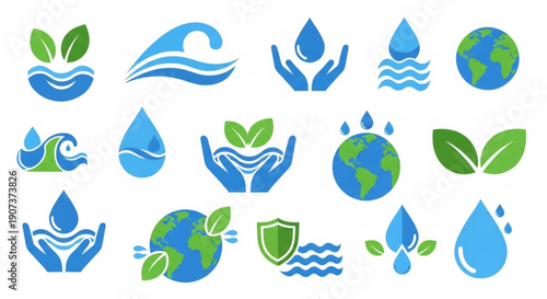 Eco friendly icons set with green leaves and blue water droplets on white background