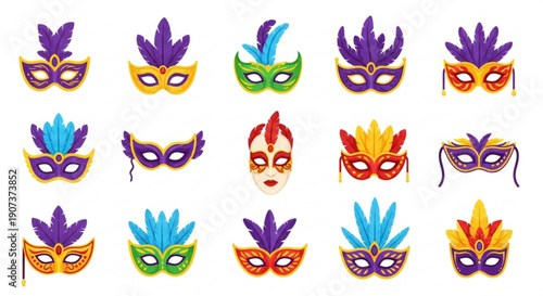 Vibrant collection of 16 colorful masks with feathers on white background