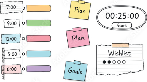 Daily schedule timeline with time blocks, timer and notebook page scraps, sticky notes and progress dots for Wishlist tracking