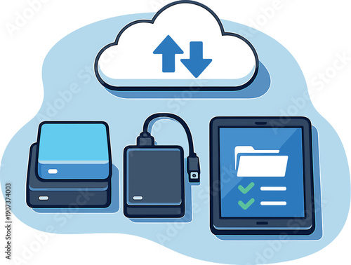 Organized Digital Storage. Clean data backup routine concept viewed from above with generic cloud storage blocks external drive