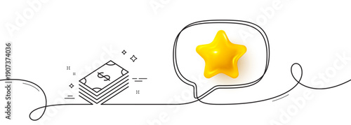 Cash money line icon. Continuous line with 3d star. Banking currency sign. Dollar or USD symbol. 3d star in speech bubble. Dollar single line ribbon. Loop curve pattern. Vector