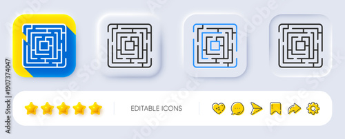 Maze line icon. Neumorphic, Flat shadow, 3d buttons. Labyrinth game sign. Find exit way symbol. Line maze icon. Social media icons. Vector