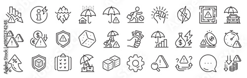Risk management line icons. Settings gear, Message, Inflation icons. Safety umbrella, Iceberg threat and dice gambling set. Reduce finance, win chance and maze labyrinth line icons. Vector