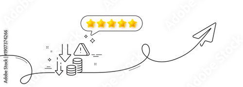 Deflation line icon. Continuous line with share plane. Economic crisis sign. Income reduction symbol. Five star rate review in speech bubble. Deflation single line ribbon. Loop curve pattern. Vector
