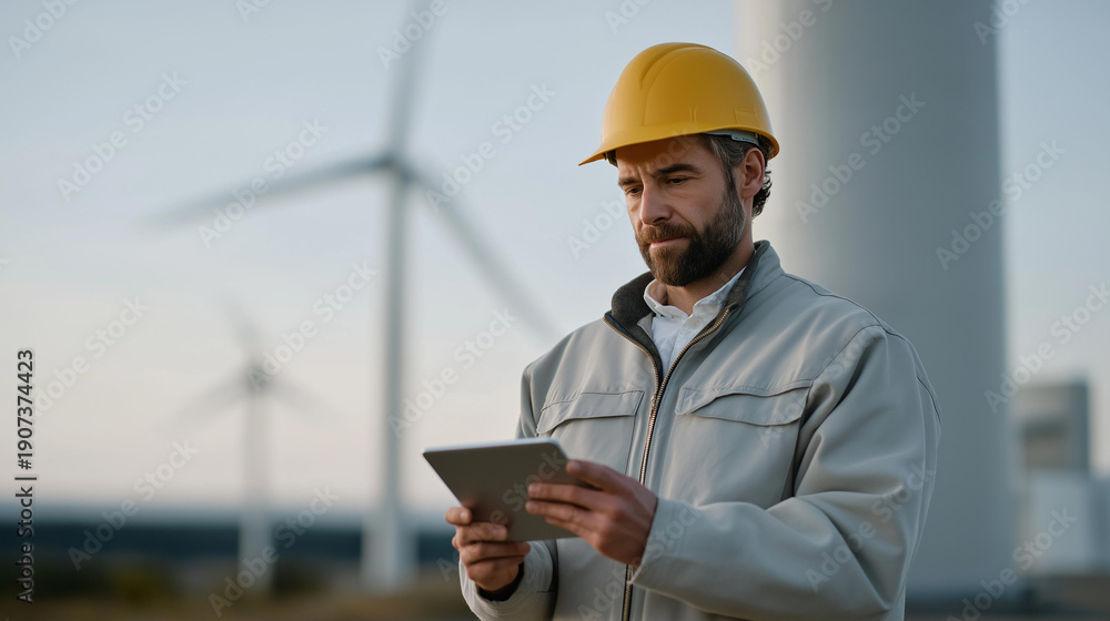 Fototapeta premium Engineer standing near a large wind turbine, inspecting blades and using digital tablet, symbolizing renewable resource innovation, eco-friendly energy systems, sustainability leadership, and green