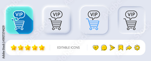 Vip shopping cart line icon. Neumorphic, Flat shadow, 3d buttons. Very important person sign. Member club privilege symbol. Line vip shopping icon. Social media icons. Vector