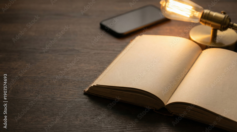 Fototapeta premium Open book and lamp on a dark wooden table