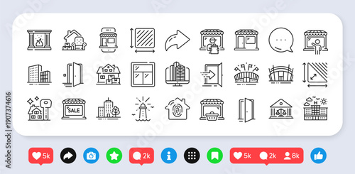 Fireplace, Market seller and Market sale line icons pack. Social media: share, comment, like icons. Door, Court building, Hotel web icon. Arena stadium, Home moving, Buildings pictogram. Vector