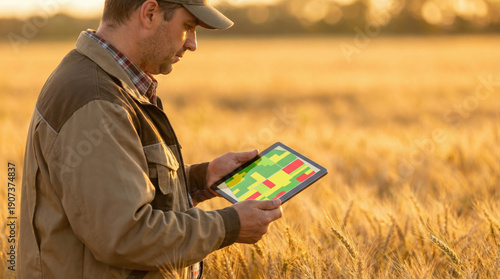 Farmer checking field data on tablet in wheat field