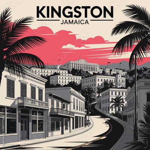 KINGSTON Poster: Large Black Letters with Jamaica Below Featuring Minimalist Black Palm Tree Silhouettes