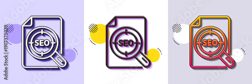 Seo target line icon. Halftone dotted pattern. Gradient icon with grain shadow. Search engine optimization sign. File document symbol. Line seo file icon. Various designs. Vector