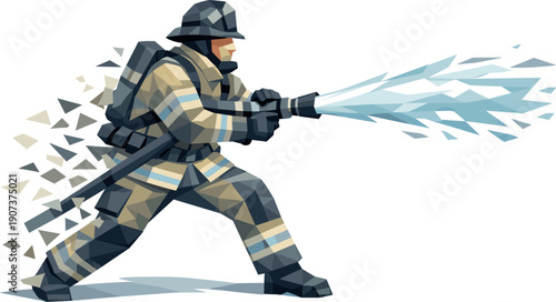 Low-poly vector illustration of a firefighter sustaining the hose blast with steady control, balanced angular stance and firm