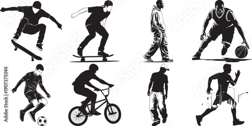 Dynamic Silhouette Set: Skateboarders, Basketball Players, Soccer Players, BMX Riders, Runners