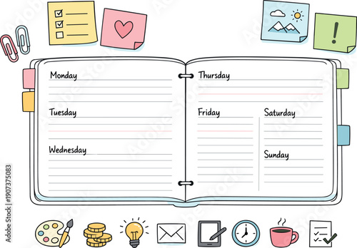 Open weekly planner spread, tabbed notebook pages, paper clips and sticky notes, small reminder icons for Illustration commission