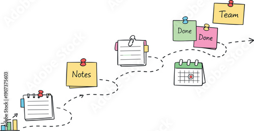 Milestone roadmap path, notebook strips as checkpoints, mini chart and calendar icons, pinned sticky notes for Team task