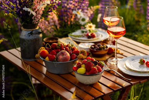 Two glasses of rose wine, flowers in a vase, silverware, fruits. Sunset, golden hour, atmospheric candlelight. Romantic table decor for a loving couple on blooming meadow with purple lupines