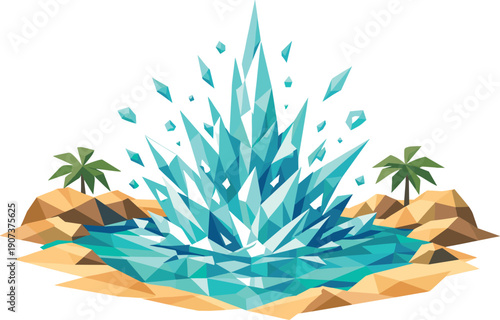 Low-poly vector illustration of an oasis water splash as a direct hero depiction, crystalline pool formed from sharp triangular