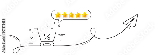 Loan shopping cart line icon. Continuous line with share plane. Discount percent sign. Credit percentage symbol. Five star rate review in speech bubble. Loan percent single line ribbon. Vector