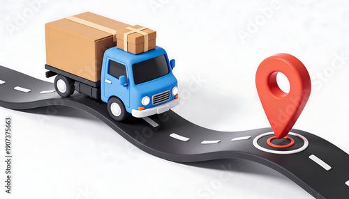 Delivery truck carrying packages on winding road to map pin location logistics shipping transportation service