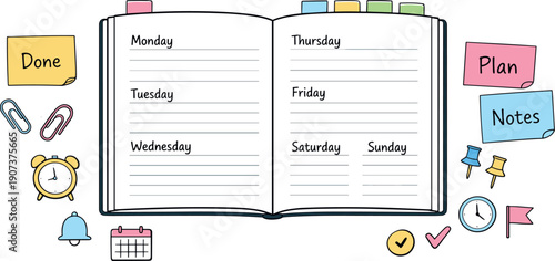 Minimalist Planner Essentials. Open weekly planner spread, tabbed notebook pages, paper clips and sticky notes, small reminder