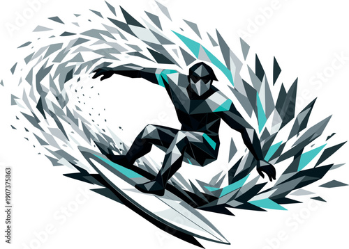 Low-poly vector illustration of a surfer snapping through the cutback in a breakthrough moment, powerful release with upright