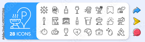 Champagne glass, Coffee cup and Grill place line icons. Interest rate, AI generate, Inflation icons. Pack of Grill time, Alcohol addiction, Water drop icon. Vector