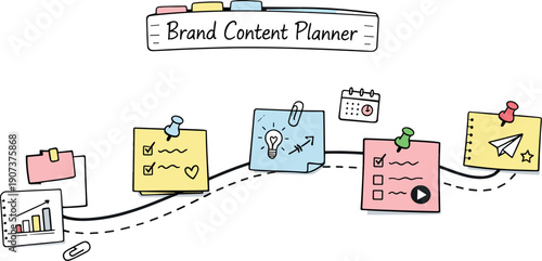 Milestone roadmap path, notebook strips as checkpoints, mini chart and calendar icons, pinned sticky notes for Brand content