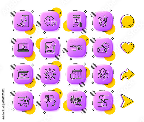 Employees messenger, Calendar and Atom core line icons. App 3d buttons. Social media comment, share, like icons. Pack of Share mail, Seo phone, Time icon. Vector