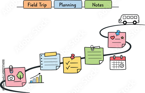 Field Trip Planning Roadmap. Milestone roadmap path, notebook strips as checkpoints, mini chart and calendar icons, pinned sticky
