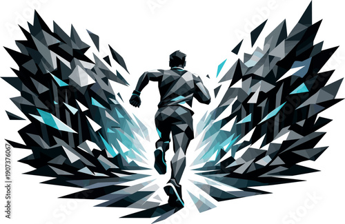 Low-poly vector illustration of a forest sprint trail breakthrough moment, runner bursting into a clear opening of the trail with
