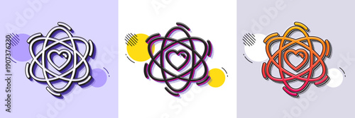 Atom with heart line icon. Halftone dotted pattern. Gradient icon with grain shadow. Energy sign. Chemical element symbol. Line atom icon. Various designs. Vector