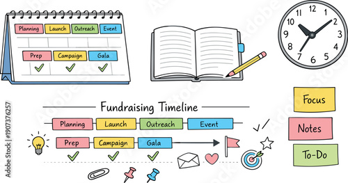 Desk calendar page, notebook, sticky notes and a wall clock, checkmarks and event blocks for Fundraising timeline with tabs,