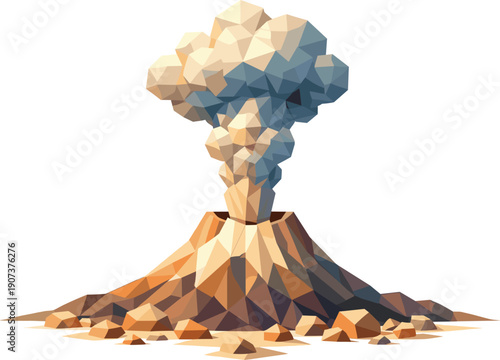 Low-poly vector illustration of a volcano eruption blast future state, eruption subsiding into a refined angular plume rising
