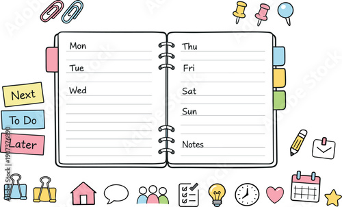 Minimal Planner Doodle. Open weekly planner spread, tabbed notebook pages, paper clips and sticky notes, small reminder icons for