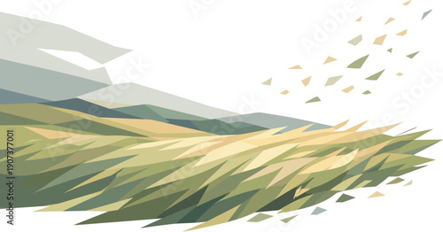 Low-poly vector illustration of a meadow wind sweep future state, meadow settling into smooth flowing angular grass patterns with