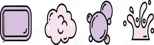 Purple Bar Soap Vector Illustration Set with Pink Lather Foam Bubbles and Fresh Water Splash Isolated on White Background