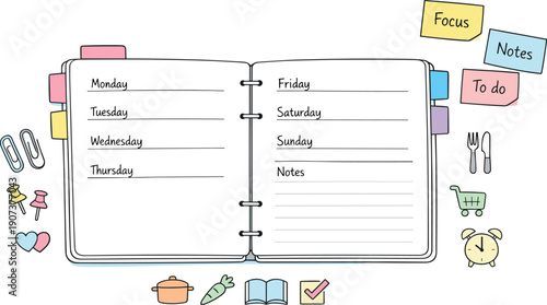Open weekly planner spread, tabbed notebook pages, paper clips and sticky notes, small reminder icons for Meal planning notebook
