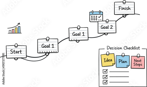 Milestone roadmap path, notebook strips as checkpoints, mini chart and calendar icons, pinned sticky notes for Decision making